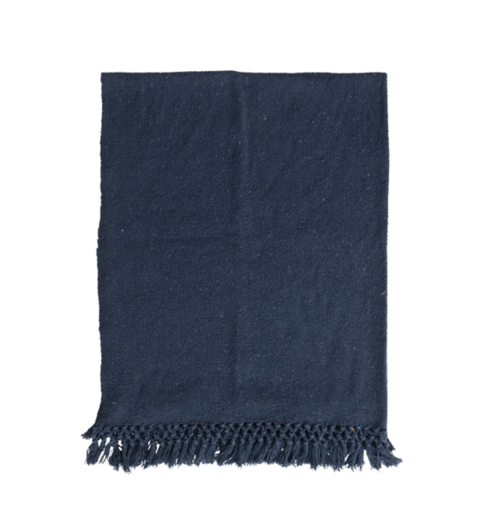 Blue Cotton Blend Throw with Crochet and Fringe
