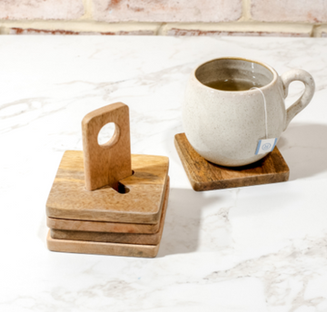 Wood Coasters w/ Stand, Set Of 4