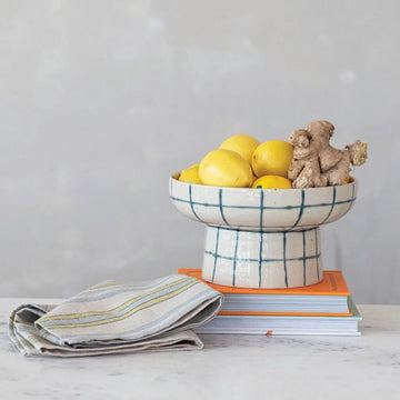 Stoneware Blue & Cream Pedestal Bowl