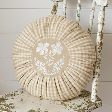Round Pleated Tan Check Pillow