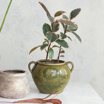 Green Hand Painted Terracotta Urn w/ Handles
