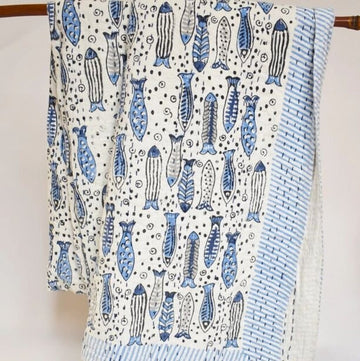 Kantha Block Printed Fish Blanket