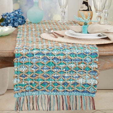 Handwoven Aqua Net Chindi Table Runner
