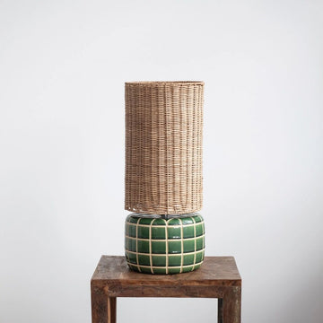Ceramic Tiled Table Lamp + Woven Rattan Shade