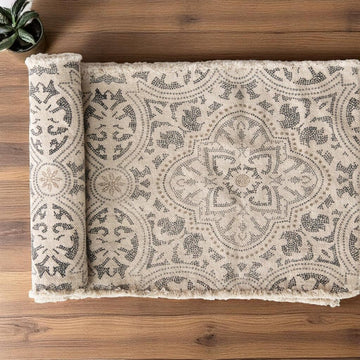 Gray + Cream Cotton Printed Table Runner