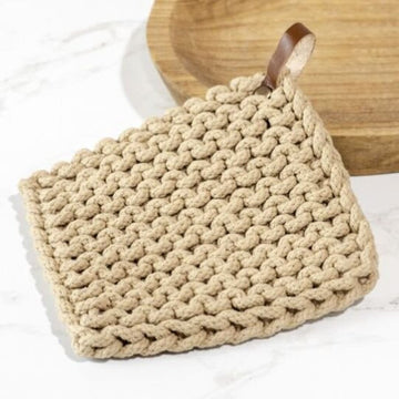 Taupe Knit Pot Holder + Leather Strap