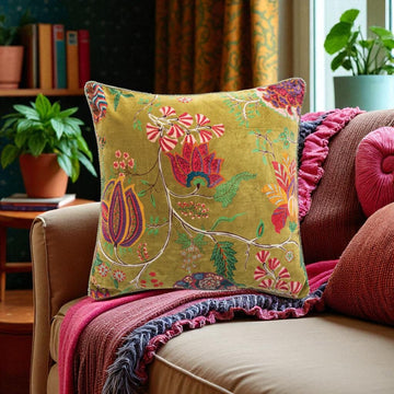Velvet Floral Pillow w/ Mini Pom Poms