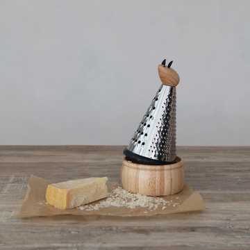 Stainless Steel Grater w/ Mouse + Rubber Wood Base