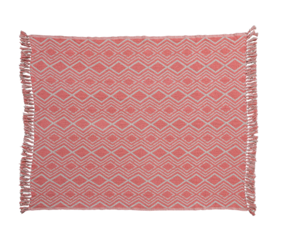 Pink & Natural Cotton Blend Printed Throw w/ Geometric Pattern