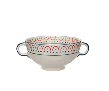 Red, Blue & White Pattern Stoneware Bowl w/ Handles