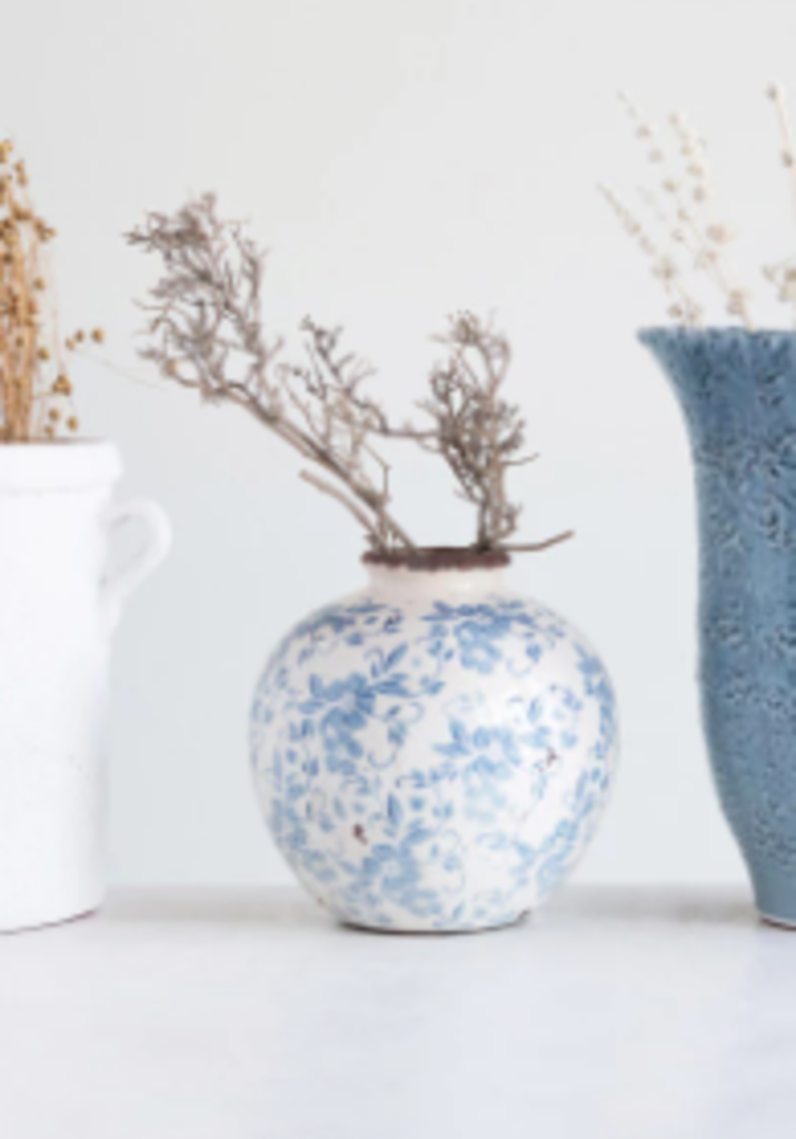 Terracotta Vase w/ Blue & White Transferware Pattern