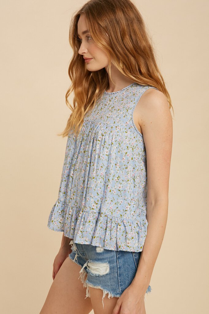 Blue Floral Print Lace Trim Tank Top