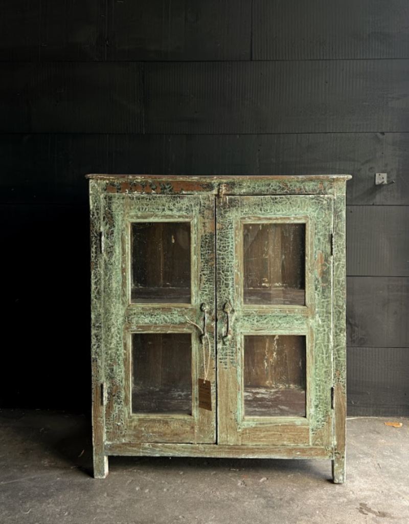 Chippy Green Wooden 2 Glass Door Cabinet