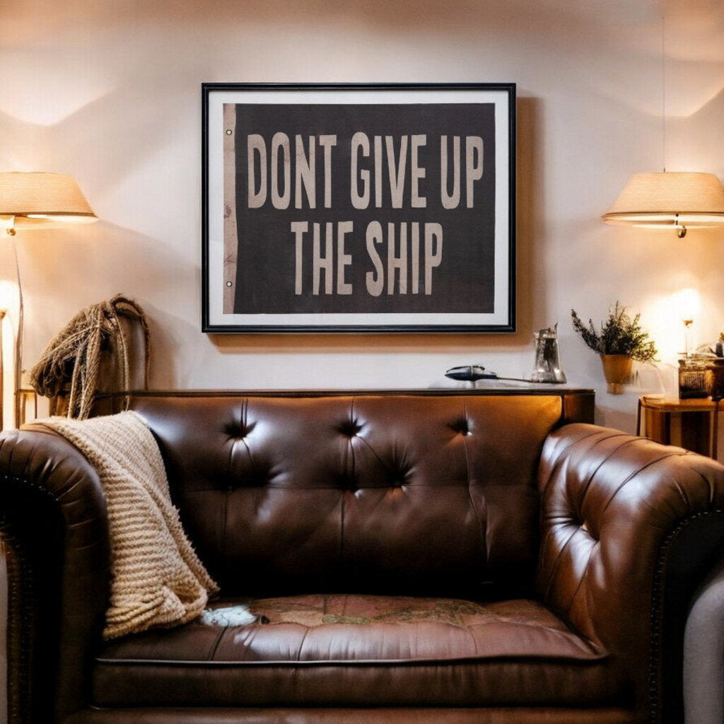 "Don't Give Up the Ship" Glass + Wood Framed Flag