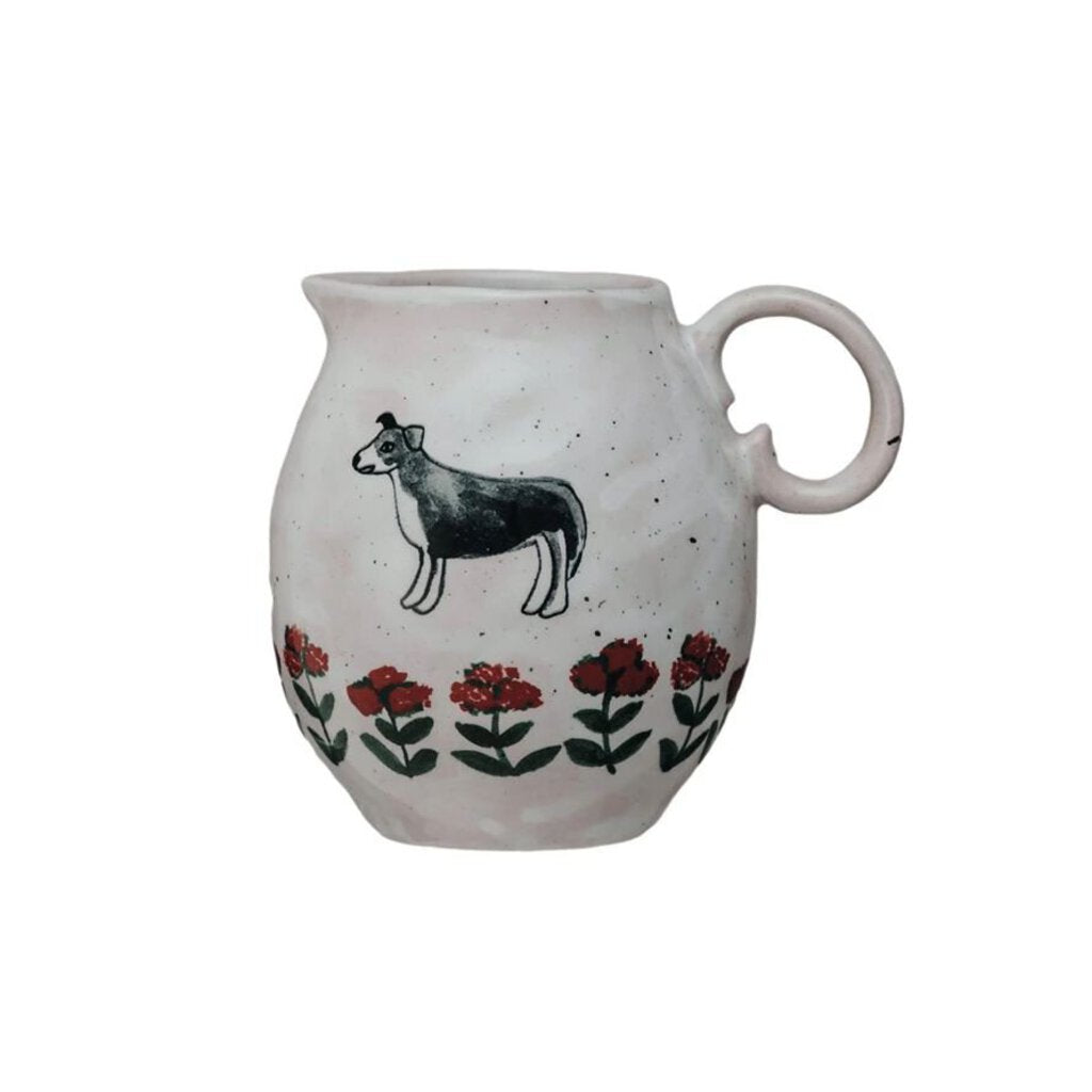 Hand-Painted Dog & Flowers Stoneware Creamer