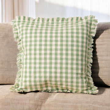 Green + Green Checked Pillow W/Fringe