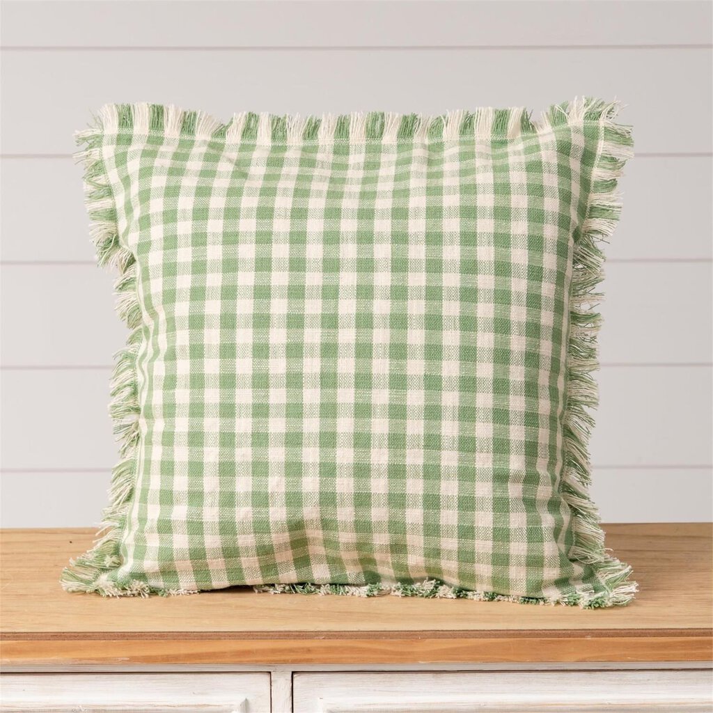 Green + Green Checked Pillow W/Fringe