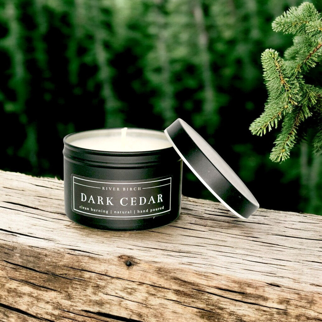 Dark Cedar Black Tin Soy Candle