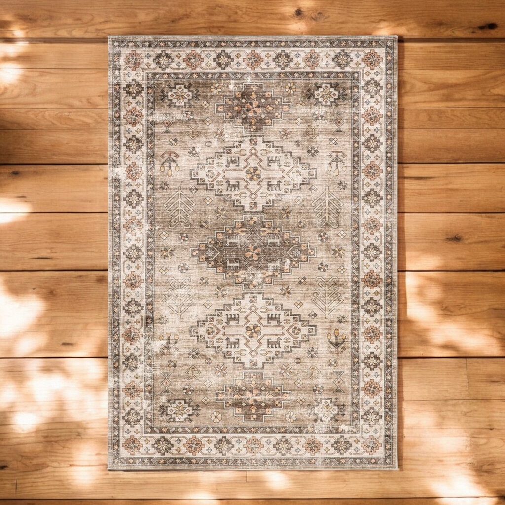 Beige + Brown Distressed Washable Rug (3'x5')