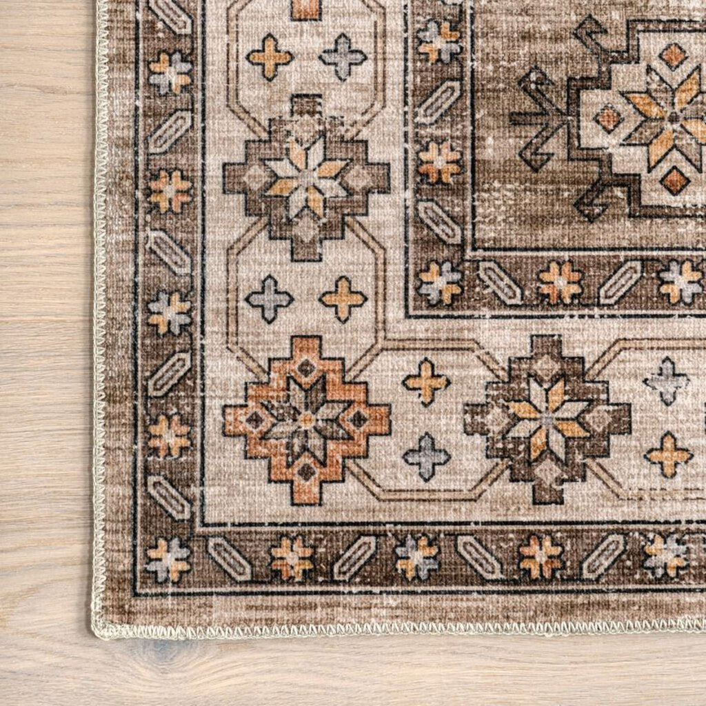 Beige + Brown Distressed Washable Rug (3'x5')