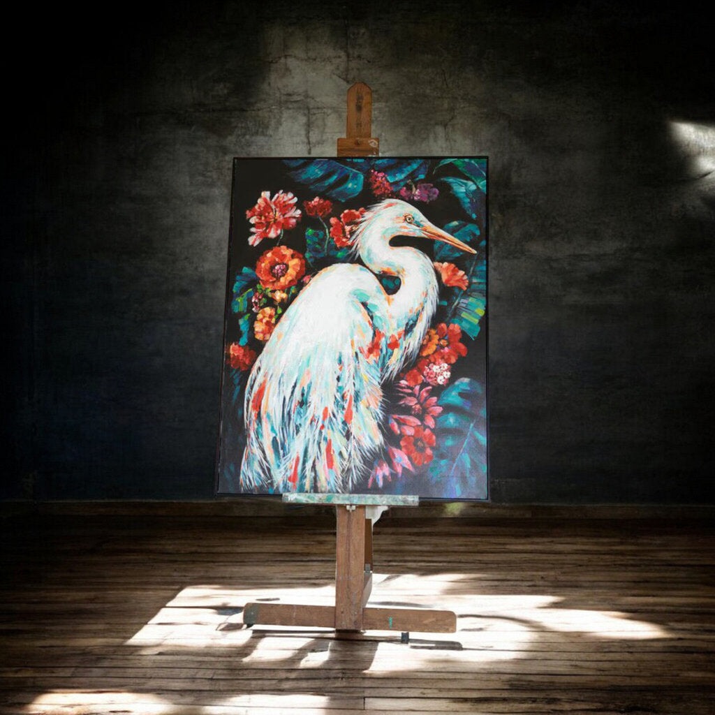 Colorful Framed Heron + Flowers Canvas Oil Painting