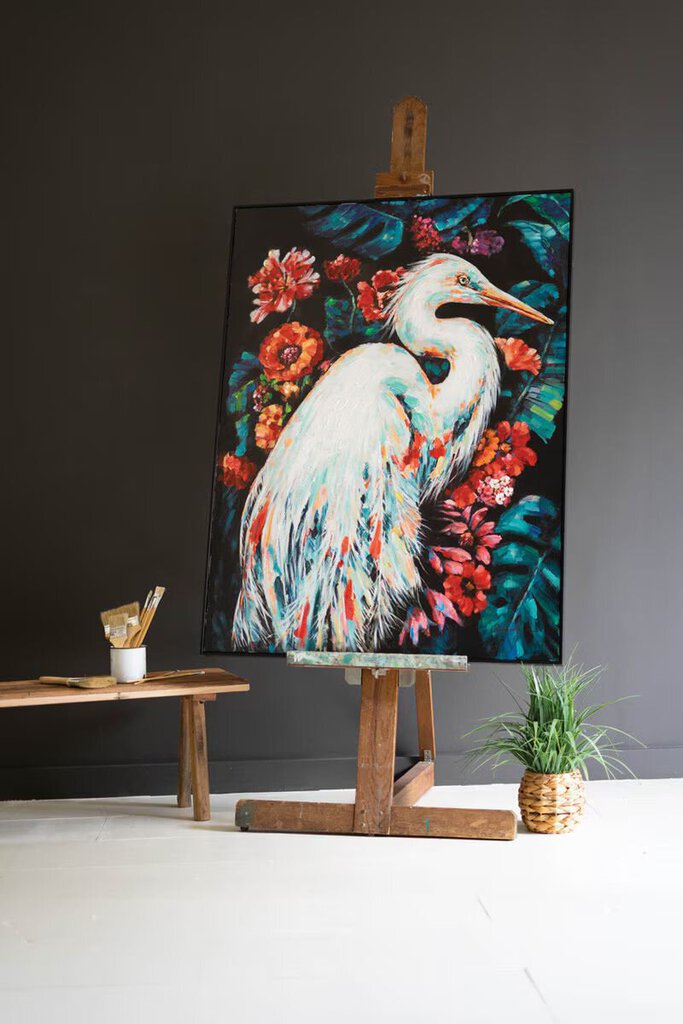 Colorful Framed Heron + Flowers Canvas Oil Painting