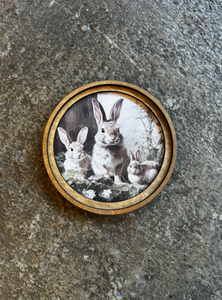 8" Round Bunny Trio Wood Art