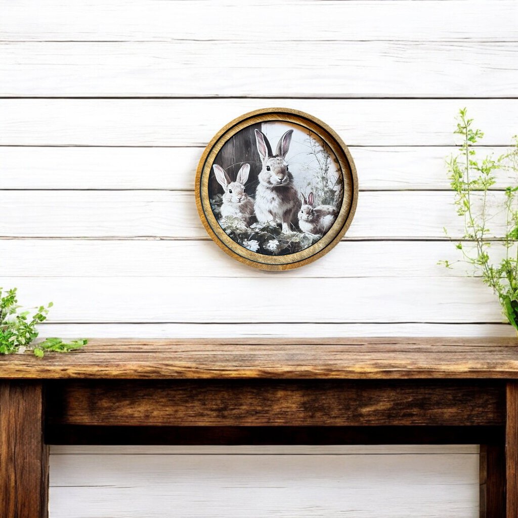 8" Round Bunny Trio Wood Art