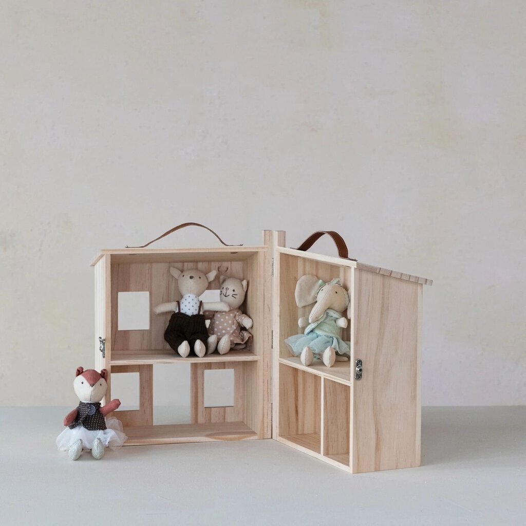 Wood Folding Doll House w/ Faux Leather Handle