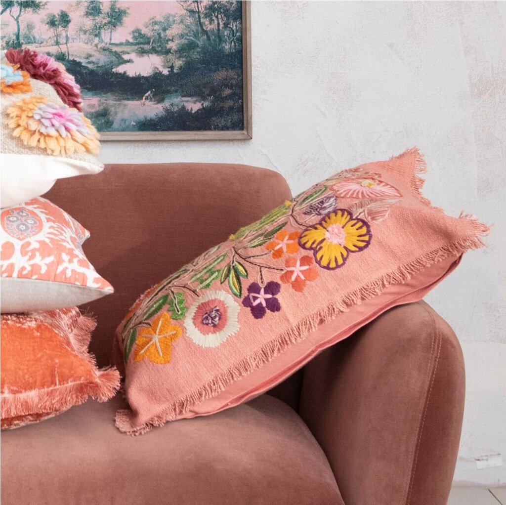 Lumbar Pillow w/ Embroidered Flowers