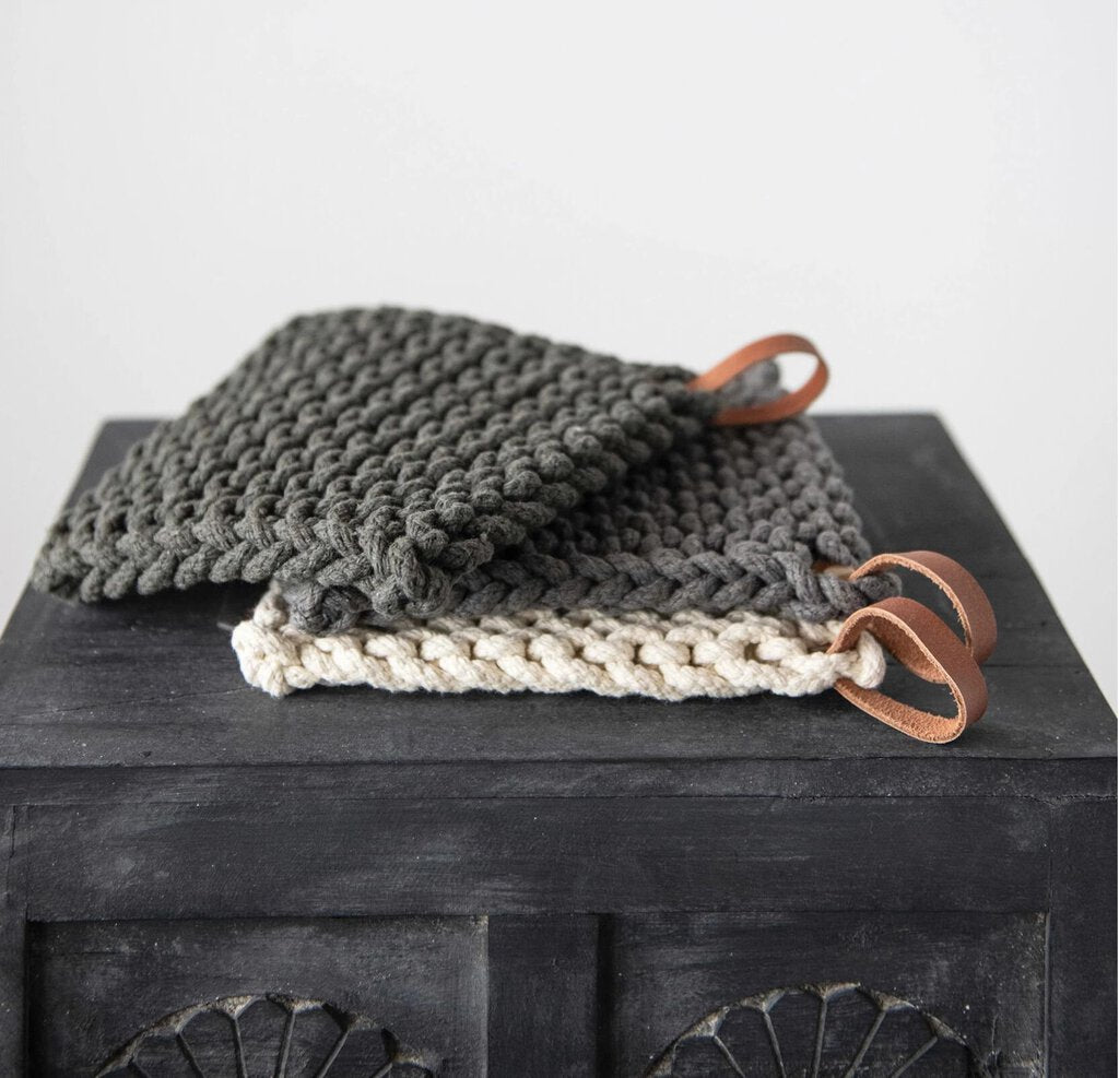 Square Cotton Crocheted Pot Holder w Leather Tie