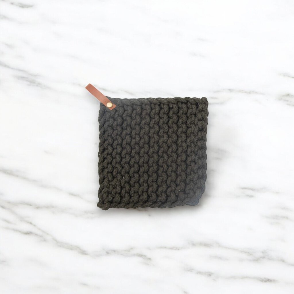 Square Cotton Crocheted Pot Holder w Leather Tie