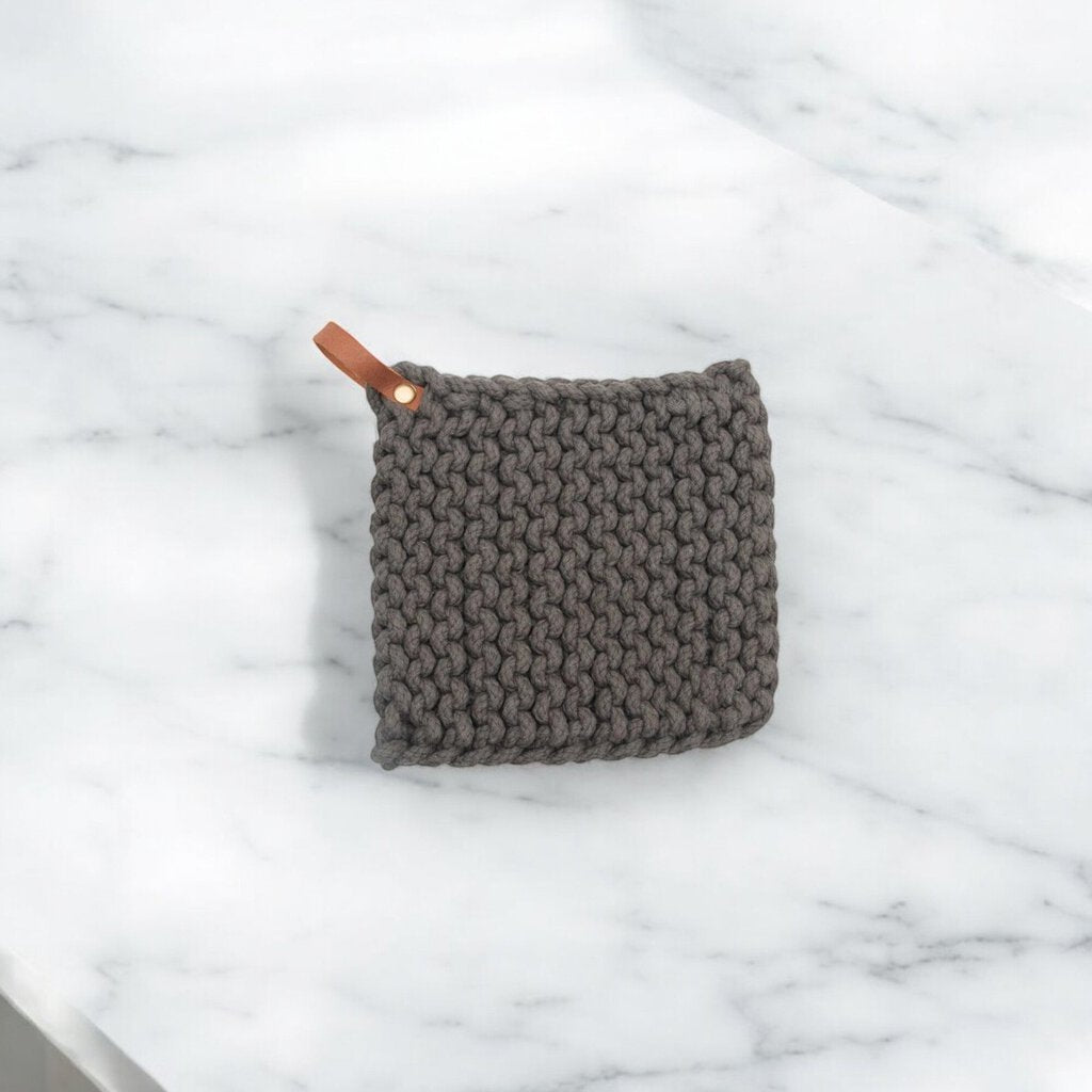 Square Cotton Crocheted Pot Holder w Leather Tie