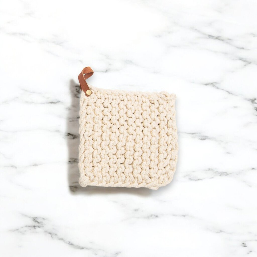 Square Cotton Crocheted Pot Holder w Leather Tie