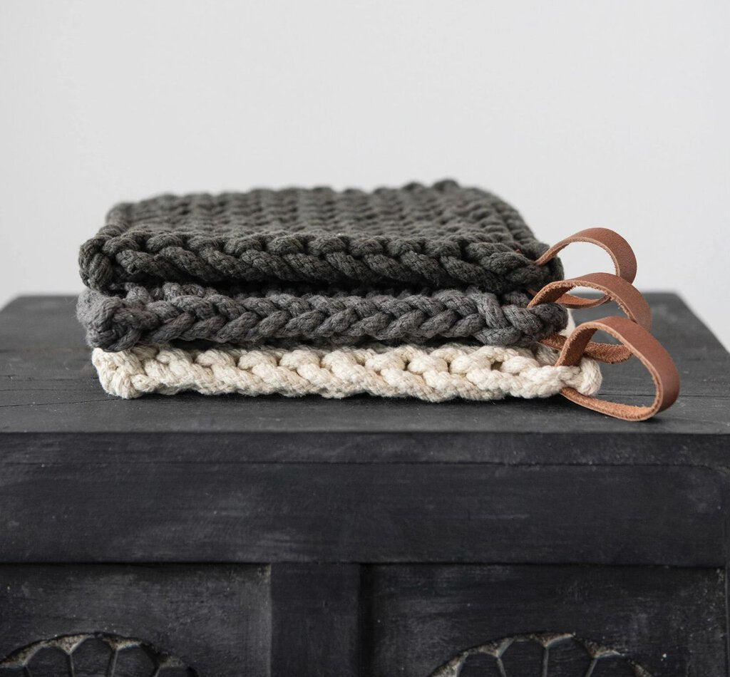 Square Cotton Crocheted Pot Holder w Leather Tie