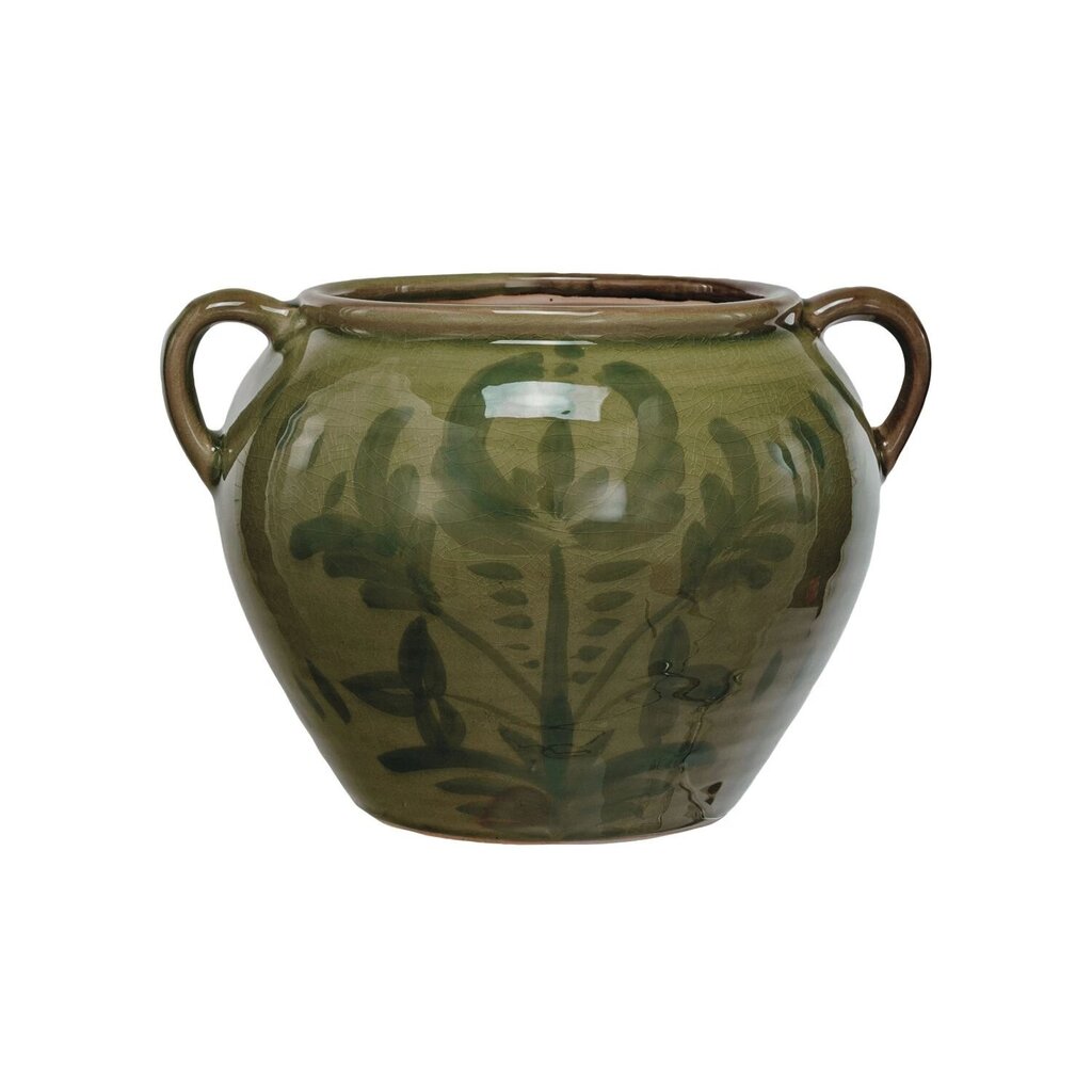 Green Hand Painted Terracotta Urn w/ Handles