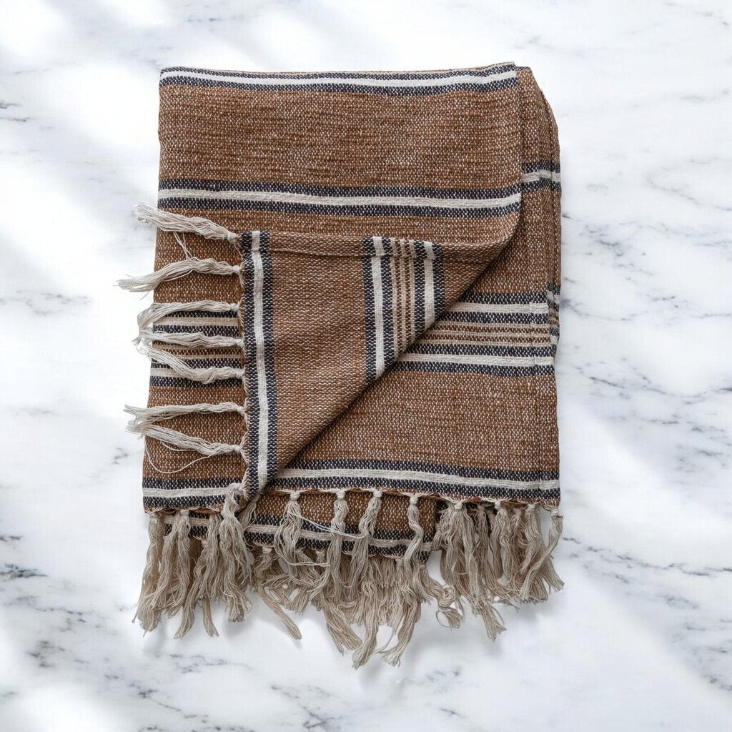 Rust Cotton Blend Stripe Throw w/ Fringe