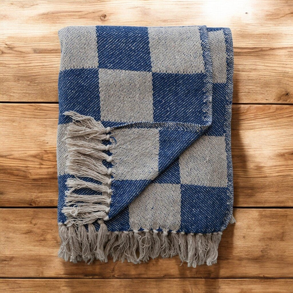 Blue & Yellow Check Recycled Cotton Throw