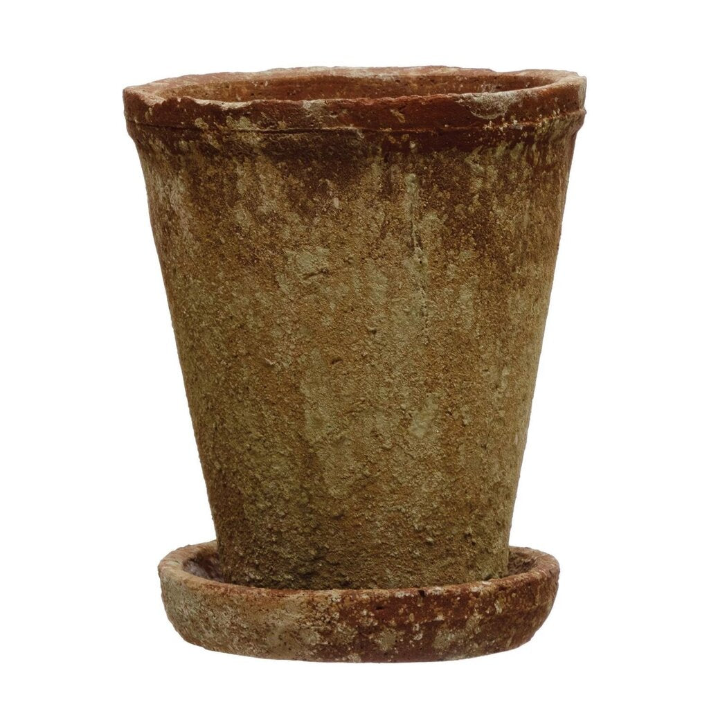 7" Distressed Cement Planter + Saucer