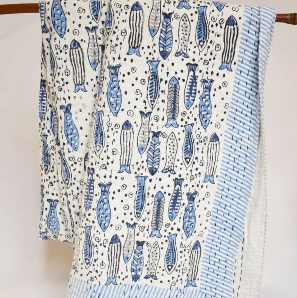Kantha Block Printed Fish Blanket