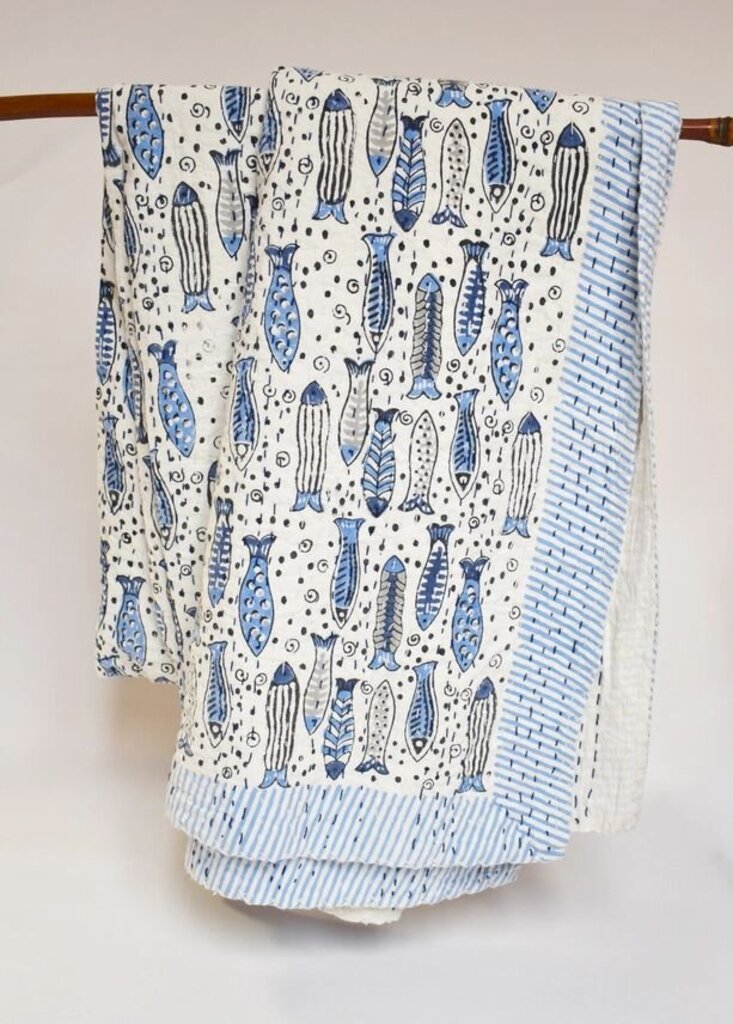 Kantha Block Printed Fish Blanket