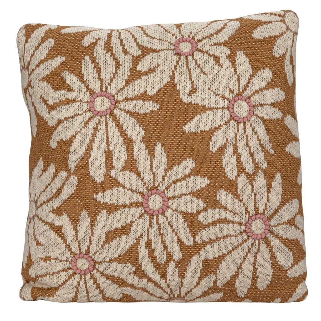 Cotton Knit Pillow w Flowers & Embroidery