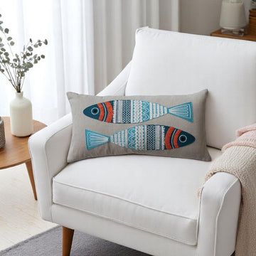 Cotton Embroidered Fish Lumbar Pillow