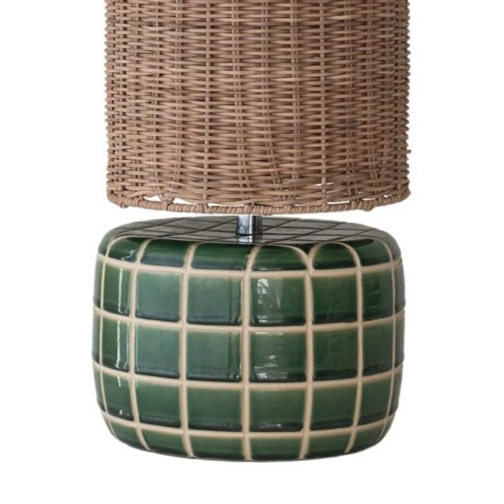 Ceramic Tiled Table Lamp + Woven Rattan Shade