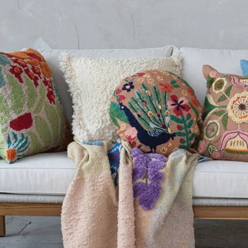 Embroidered Peacock Round Pillow