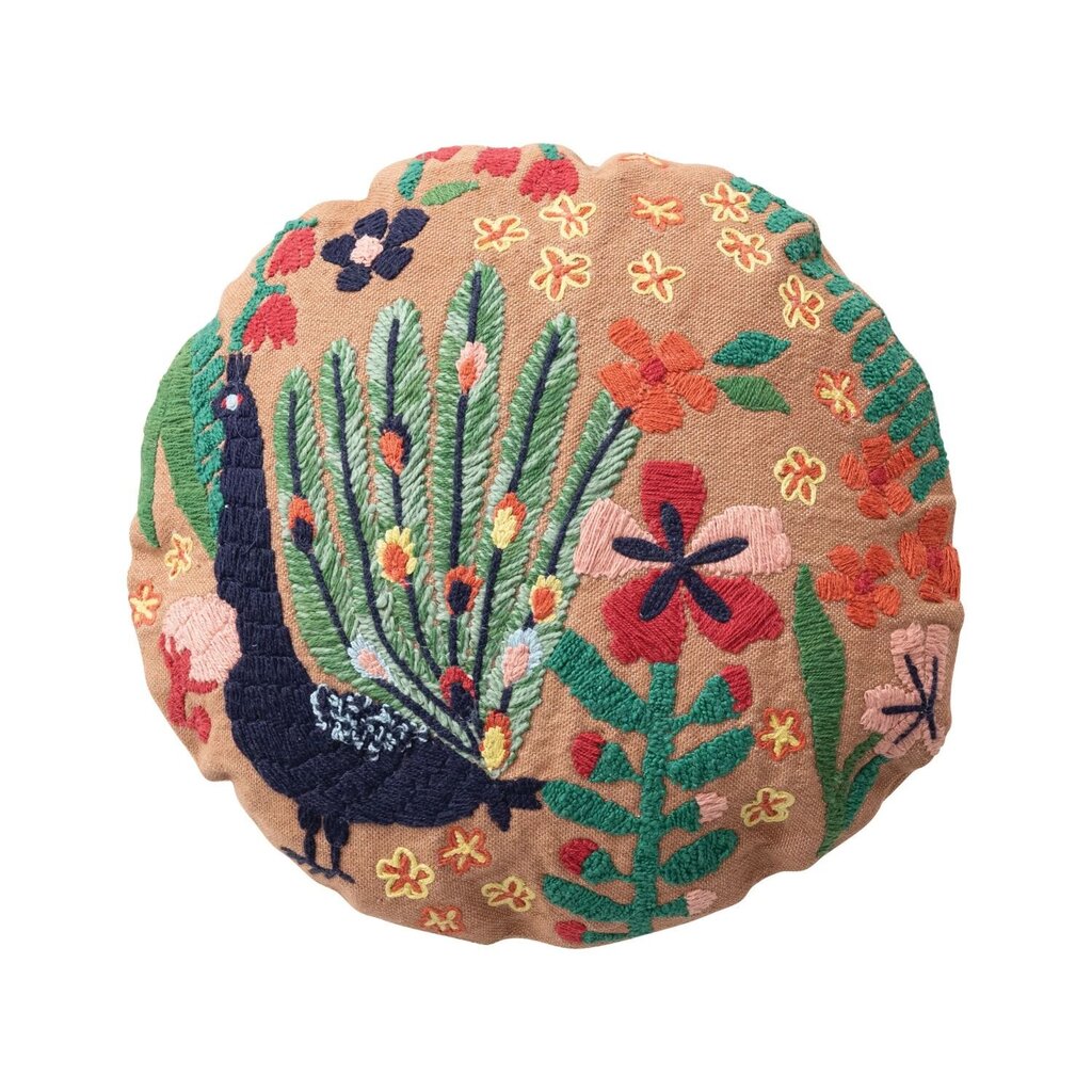 Embroidered Peacock Round Pillow