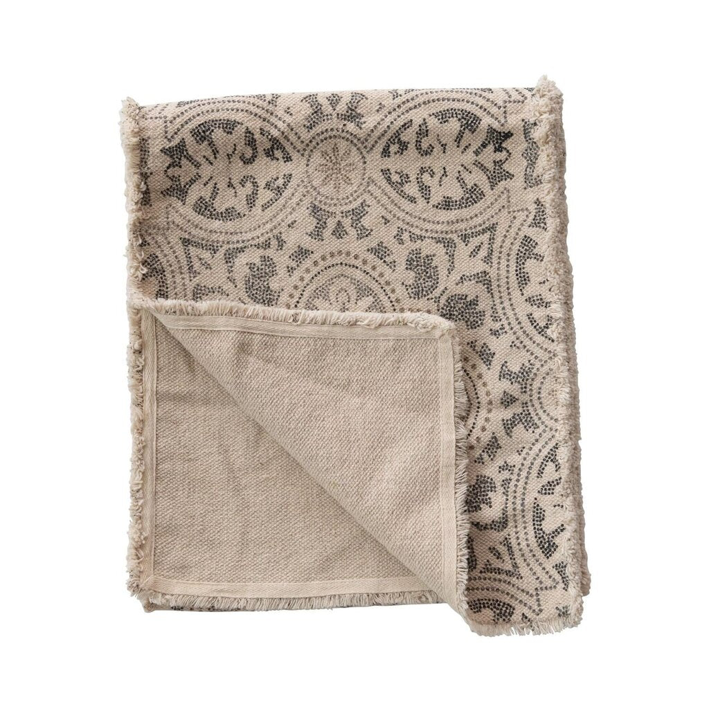 Gray + Cream Cotton Printed Table Runner