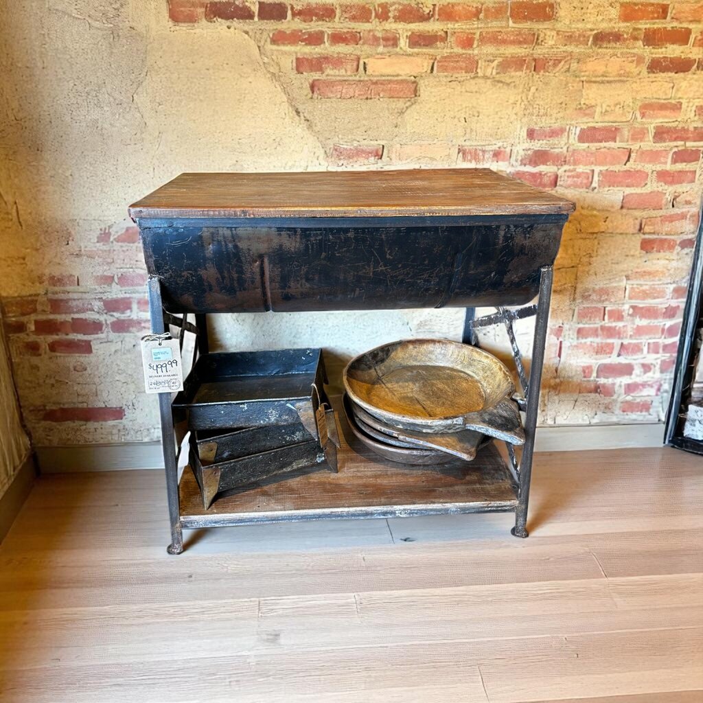 Iron Half Barrel w Wood Top Table