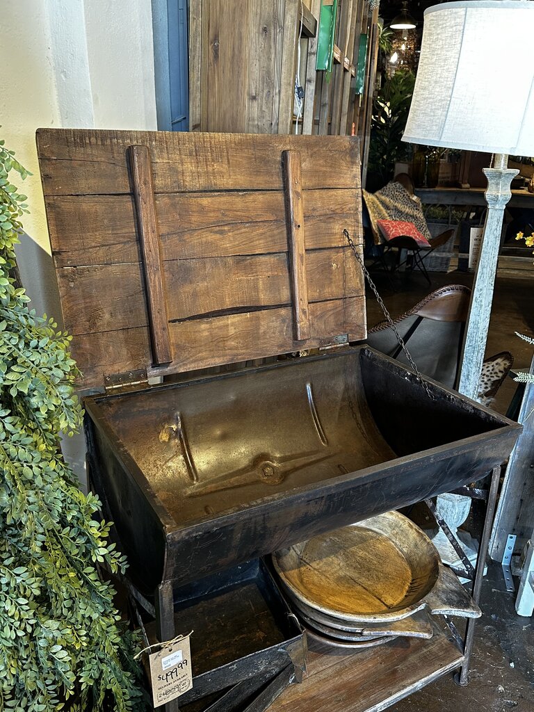 Iron Half Barrel w Wood Top Table