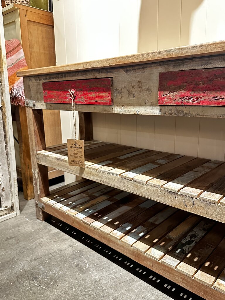 Recycled Wood 2 Drawer Console Table w/ Red Drawers
